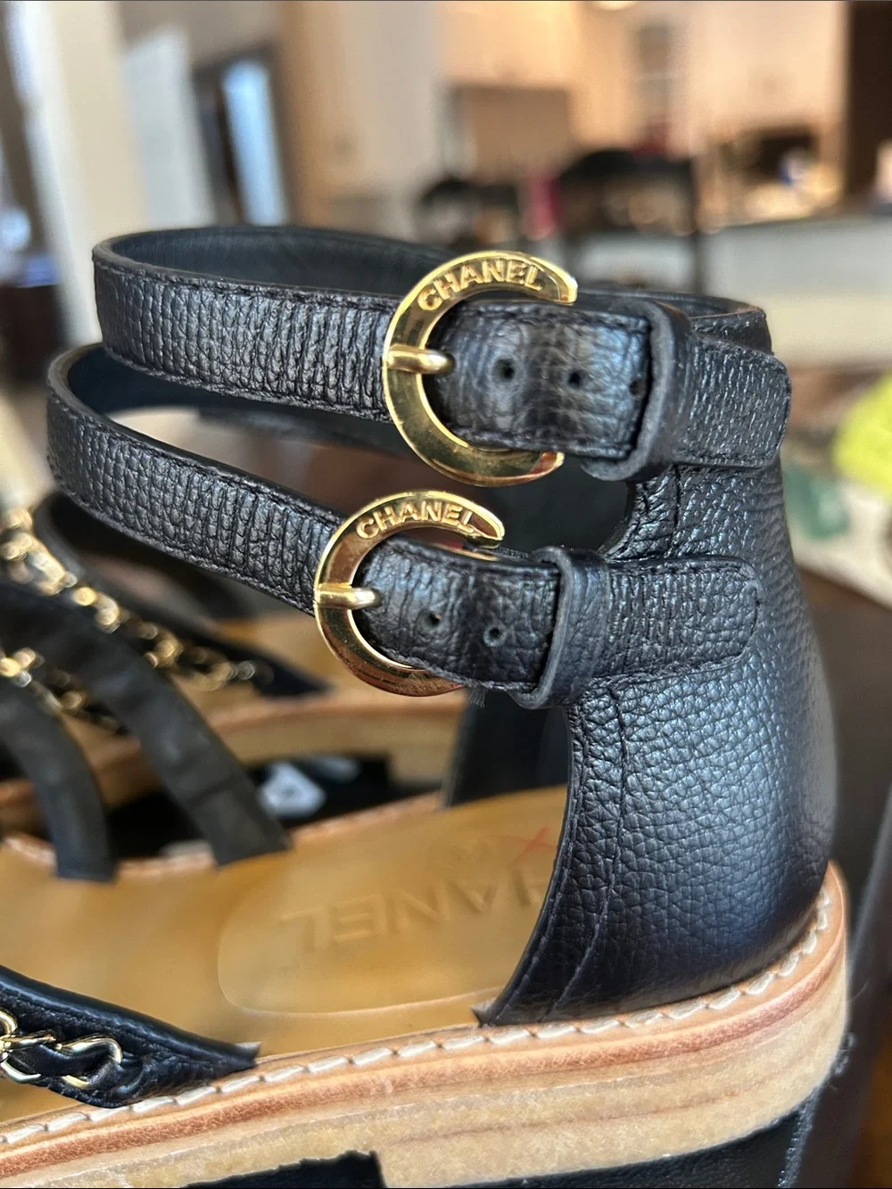 CHANEL Black Leather Chain-Strap Multi-Band Sandals